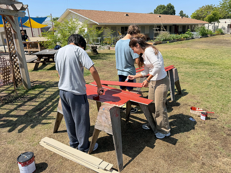 Students painting fence boards.